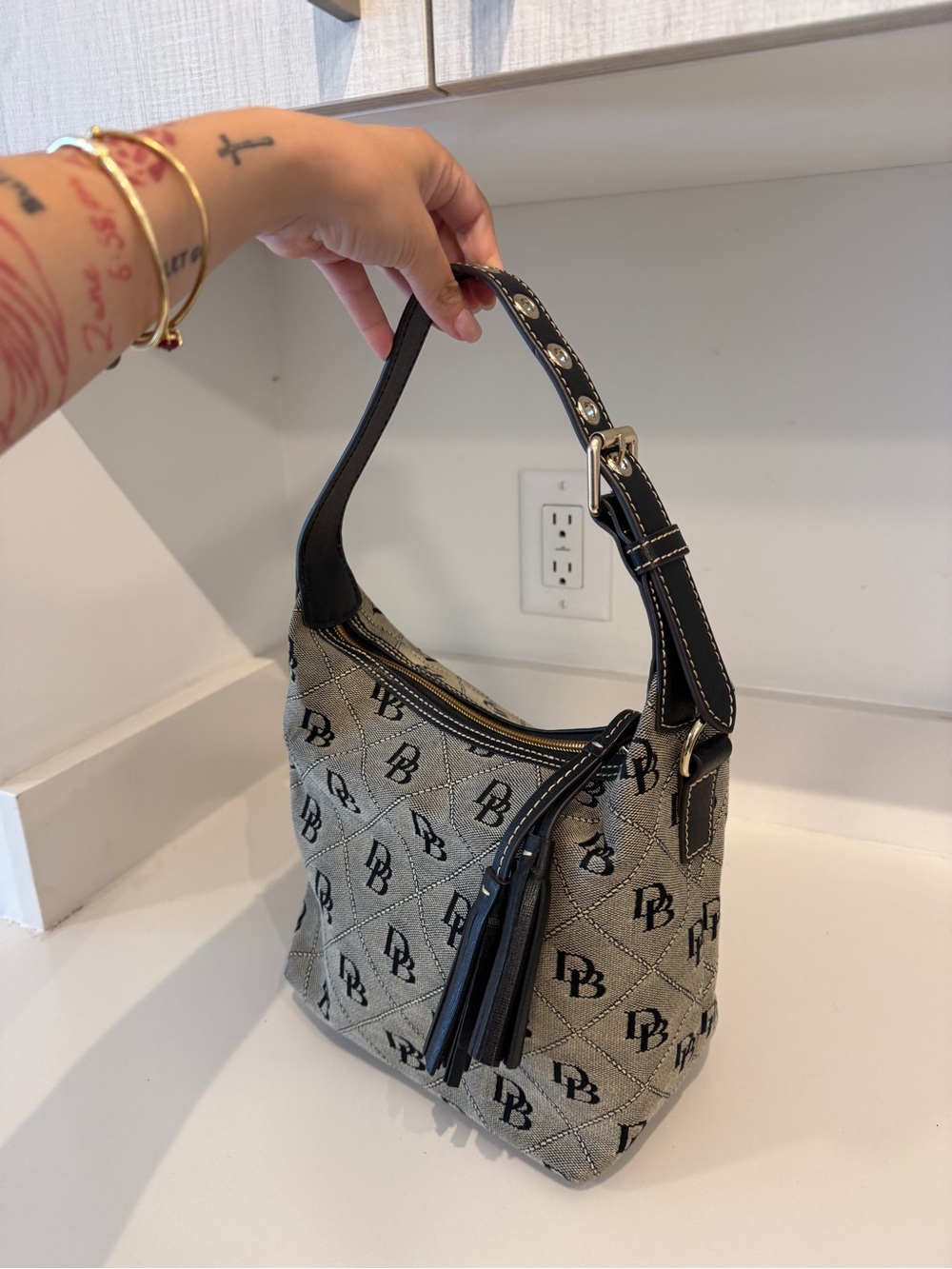 Dooney & Bourke Gold Quilted Monogram Hobo with Black Trim - Picture 6 of 8